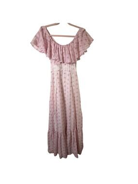 Sm 70s Vtg Prairie Maxi Dress Pink Floral Lace Tiered Cottagecore Romantic Tea